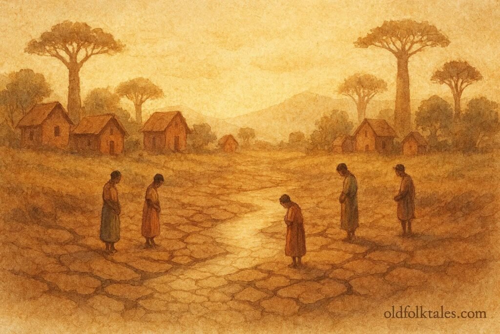 A dry river restoring flow after villagers learn respect, Malagasy folktale scene.