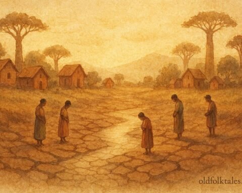 A dry river restoring flow after villagers learn respect, Malagasy folktale scene.