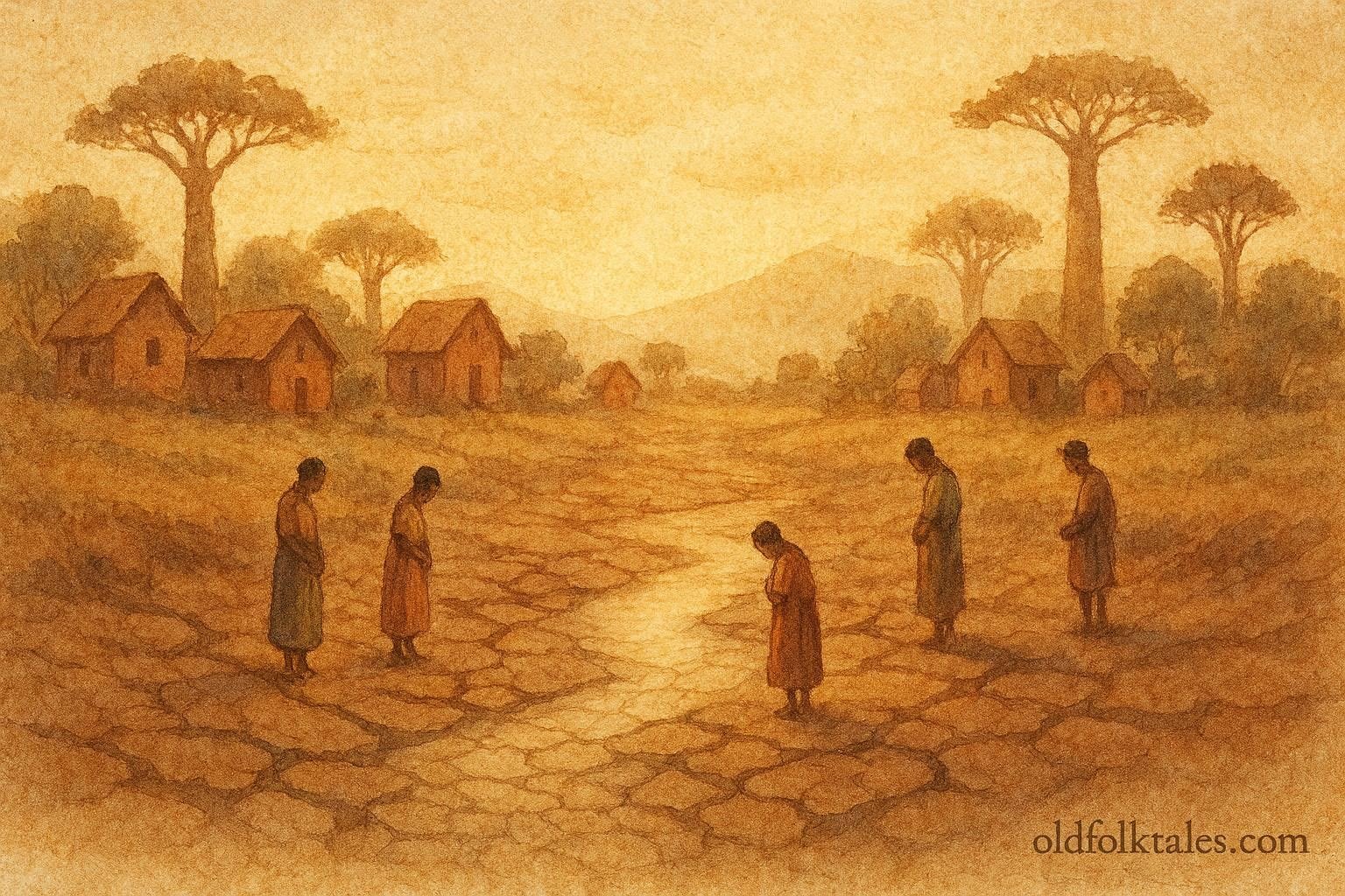 A dry river restoring flow after villagers learn respect, Malagasy folktale scene.