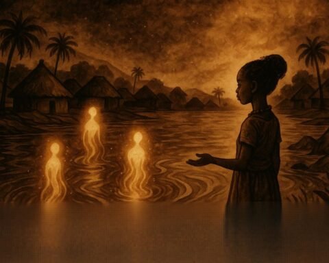 An illustration of river spirit flooding and restoration ritual in Burundian village.