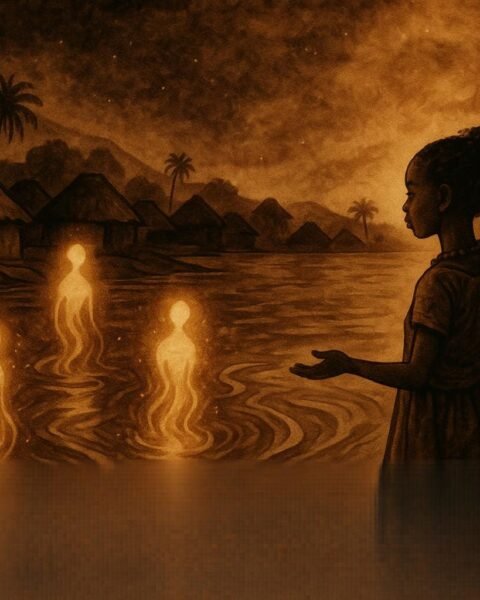 An illustration of river spirit flooding and restoration ritual in Burundian village.