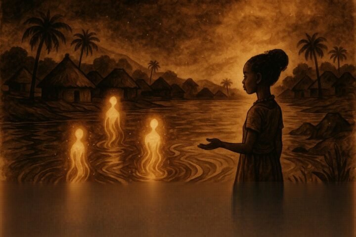 An illustration of river spirit flooding and restoration ritual in Burundian village.