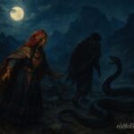 A woman discovers her husband transforming into a serpent in a rocky mountain landscape in an Algerian folktale