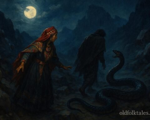 A woman discovers her husband transforming into a serpent in a rocky mountain landscape in an Algerian folktale