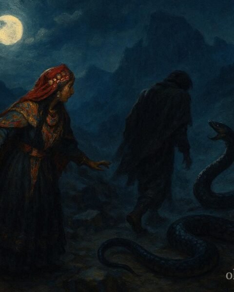 A woman discovers her husband transforming into a serpent in a rocky mountain landscape in an Algerian folktale