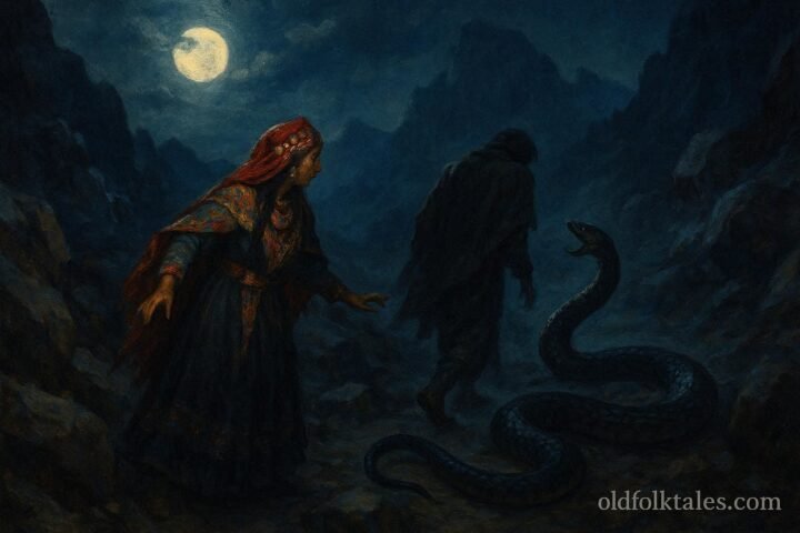 A woman discovers her husband transforming into a serpent in a rocky mountain landscape in an Algerian folktale