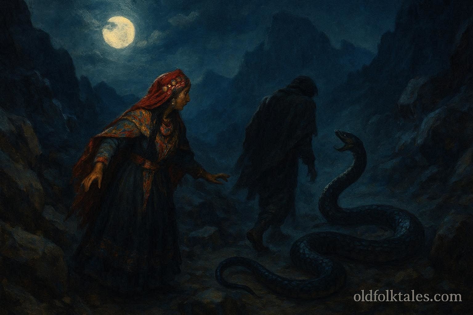 A woman discovers her husband transforming into a serpent in a rocky mountain landscape in an Algerian folktale