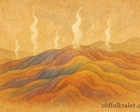 Parchment-style multicolored dunes of Chamarel representing earth spirits and emotions, Mauritian folktale scene.
