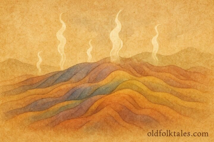 Parchment-style multicolored dunes of Chamarel representing earth spirits and emotions, Mauritian folktale scene.