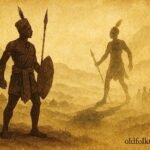 A warrior separated from shadow spreading fear, Malagasy spiritual folktale scene.