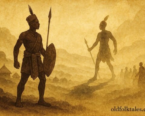 A warrior separated from shadow spreading fear, Malagasy spiritual folktale scene.