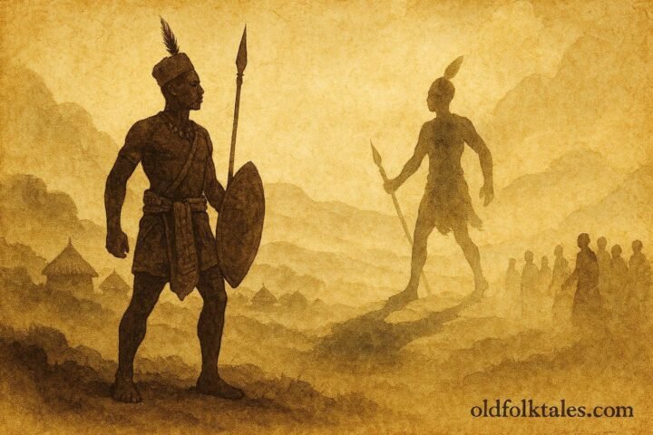 A warrior separated from shadow spreading fear, Malagasy spiritual folktale scene.