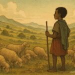 A shepherd standing in the hills with sheep, looking into the distance as if listening to a voice