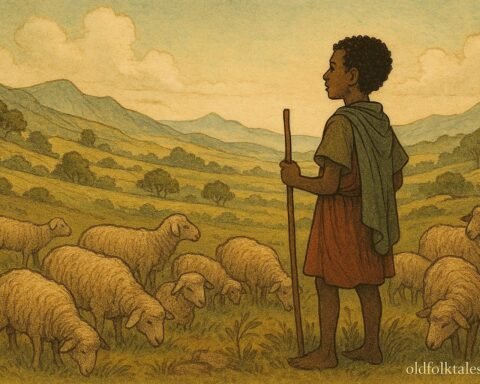 A shepherd standing in the hills with sheep, looking into the distance as if listening to a voice