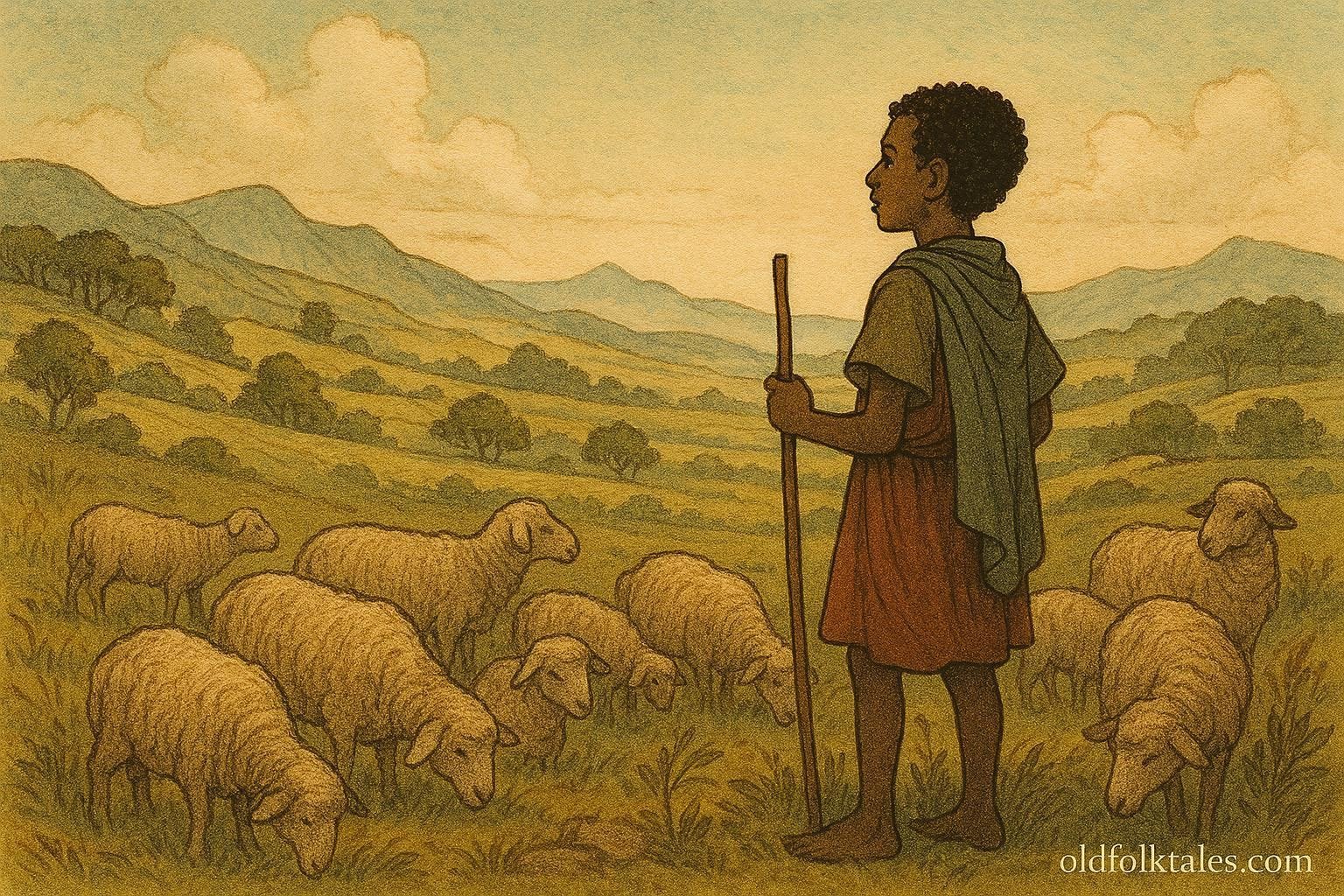 A shepherd standing in the hills with sheep, looking into the distance as if listening to a voice