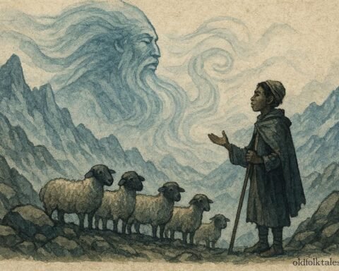 An illustration of shepherd confronting mountain spirit in Atlas Mountains, Moroccan folktale scene.