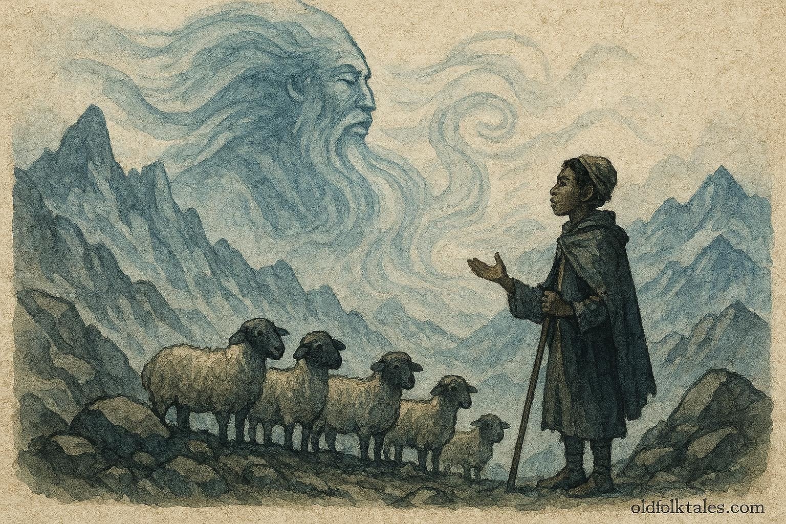 An illustration of shepherd confronting mountain spirit in Atlas Mountains, Moroccan folktale scene.