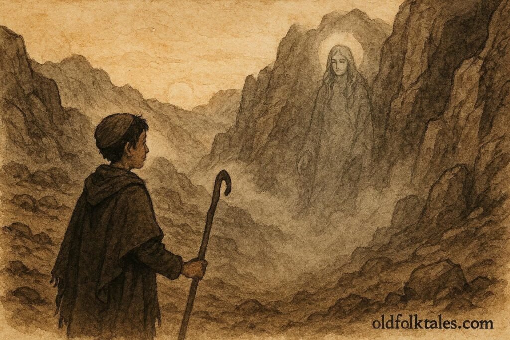 An illustration of shepherd in Atlas Mountains confronting mountain spirit over missing sheep.