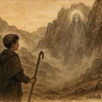 An illustration of shepherd in Atlas Mountains confronting mountain spirit over missing sheep.