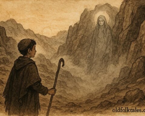 An illustration of shepherd in Atlas Mountains confronting mountain spirit over missing sheep.