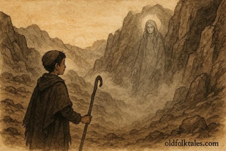 An illustration of shepherd in Atlas Mountains confronting mountain spirit over missing sheep.