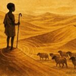 An illustration of shepherd hearing singing dunes, guiding herd, Libyan desert folktale.