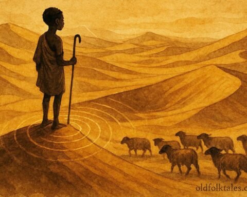 An illustration of shepherd hearing singing dunes, guiding herd, Libyan desert folktale.