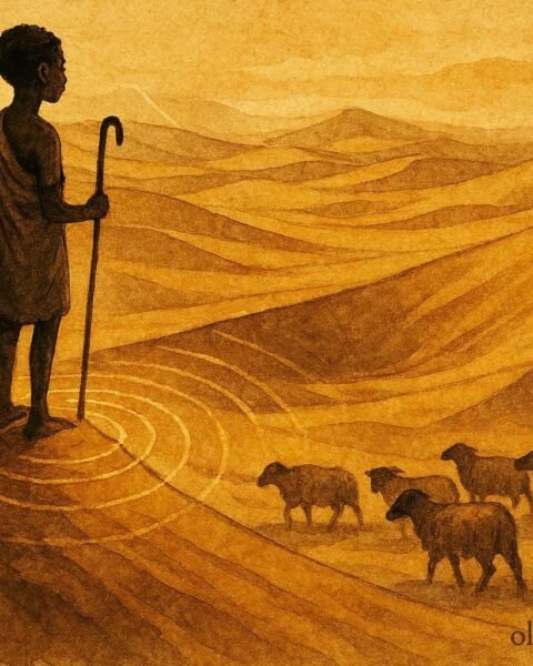 An illustration of shepherd hearing singing dunes, guiding herd, Libyan desert folktale.