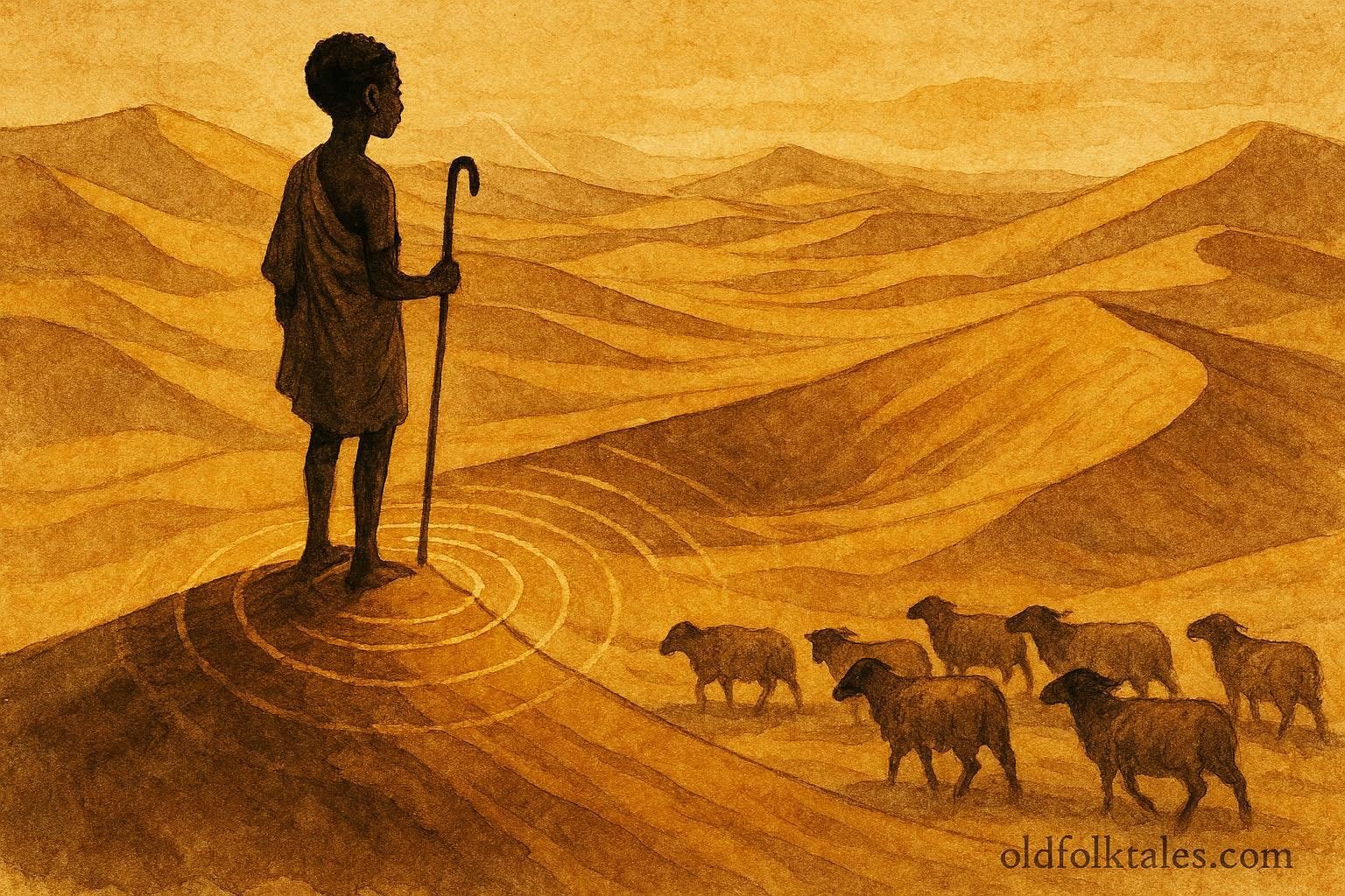 An illustration of shepherd hearing singing dunes, guiding herd, Libyan desert folktale.