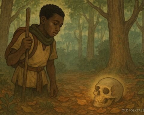 A traveler in a forest looking at a mysterious skull that reveals hidden truth in a Cameroonian folktale
