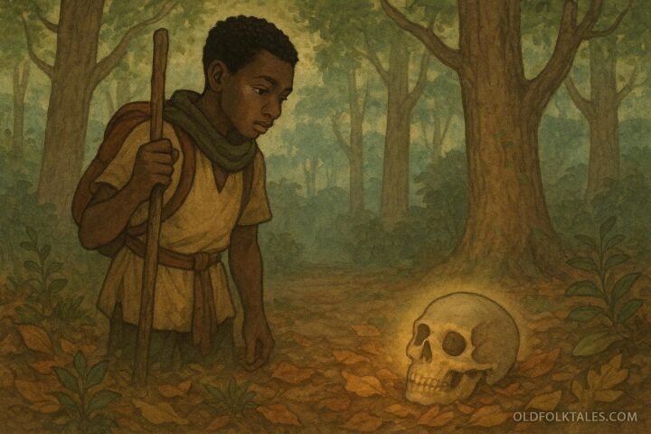 A traveler in a forest looking at a mysterious skull that reveals hidden truth in a Cameroonian folktale