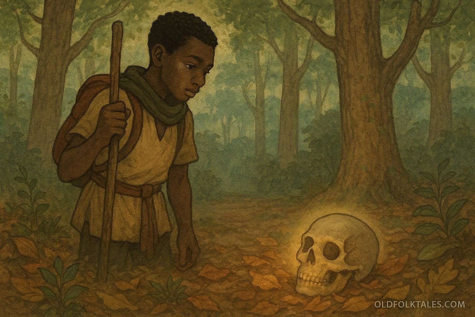 A traveler in a forest looking at a mysterious skull that reveals hidden truth in a Cameroonian folktale