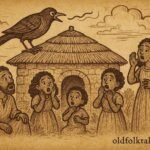Bird speaking above a household while people react, revealing truth, Eritrean folktale sce
