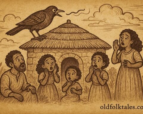 Bird speaking above a household while people react, revealing truth, Eritrean folktale sce