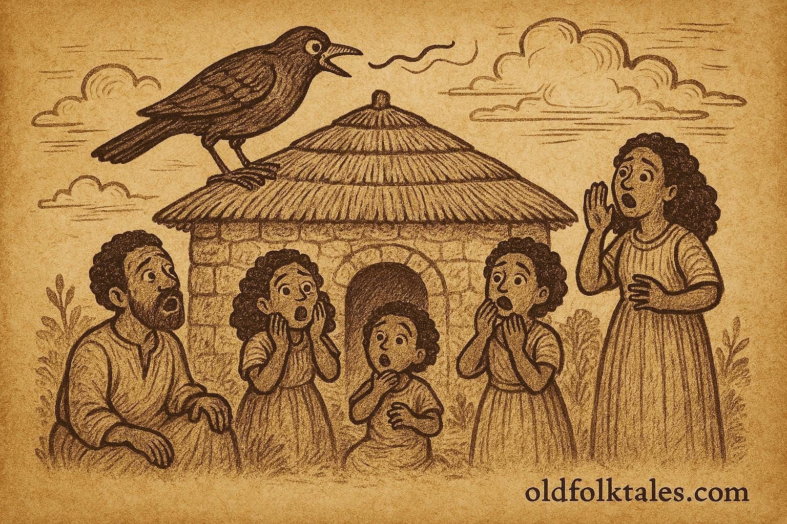 Bird speaking above a household while people react, revealing truth, Eritrean folktale sce