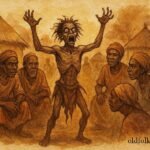 illustration of spirit possession revealing truth in a village, Eritrean folktale scene.