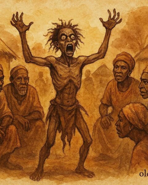 illustration of spirit possession revealing truth in a village, Eritrean folktale scene.