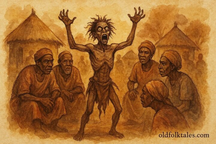 illustration of spirit possession revealing truth in a village, Eritrean folktale scene.