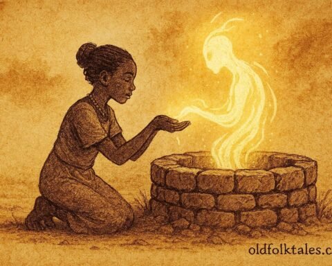 An illustration of girl honoring sacred well spirit in Eritrean lowland village.
