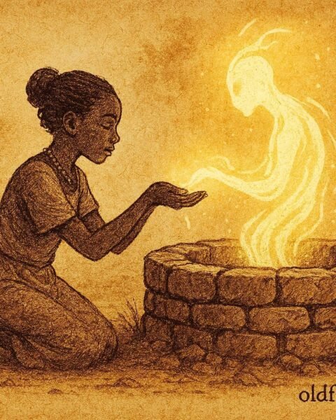 An illustration of girl honoring sacred well spirit in Eritrean lowland village.