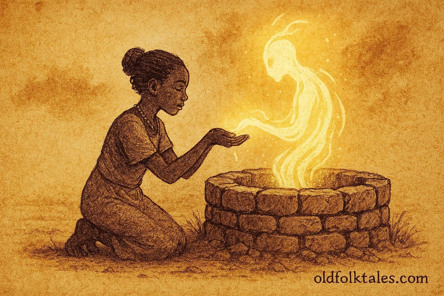 An illustration of girl honoring sacred well spirit in Eritrean lowland village.