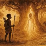 An illustration of hunter and forest spirit in Gabonese sacred forest scene.