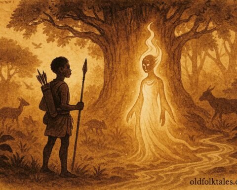 An illustration of hunter and forest spirit in Gabonese sacred forest scene.