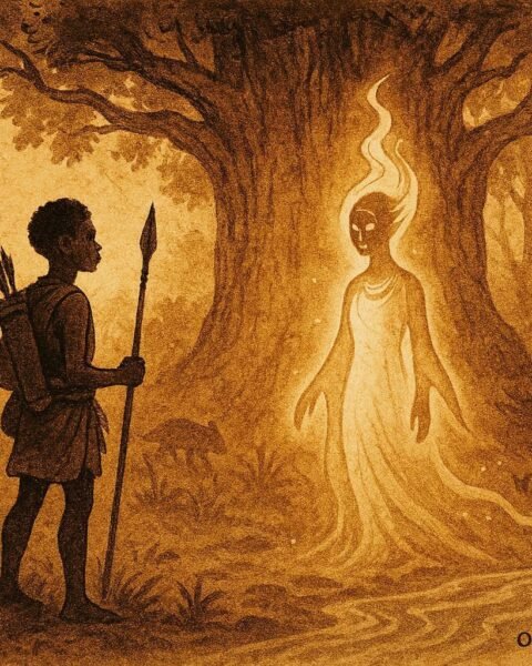 An illustration of hunter and forest spirit in Gabonese sacred forest scene.