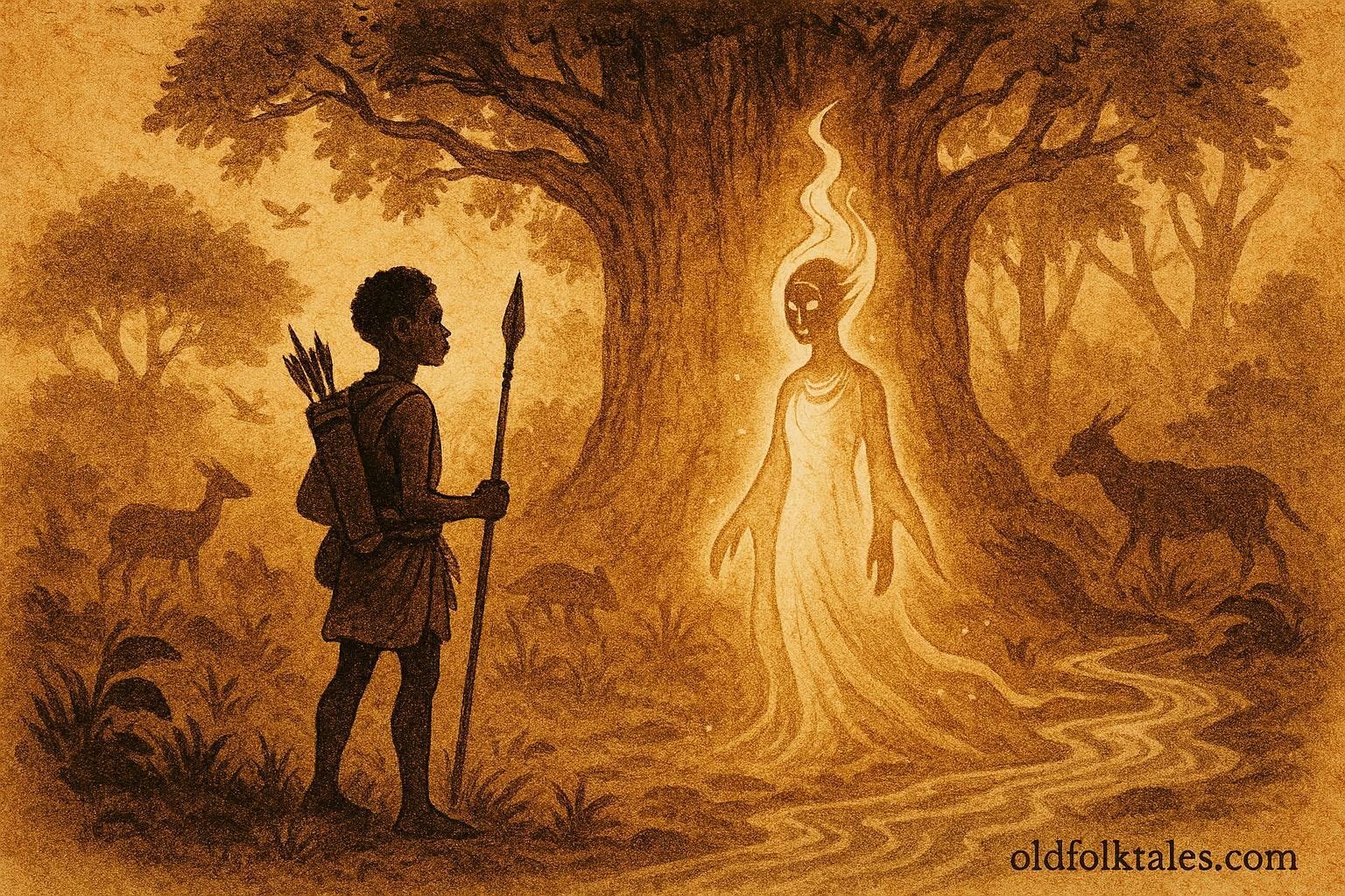 An illustration of hunter and forest spirit in Gabonese sacred forest scene.