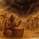 illustration of a sacred drum warning villagers as danger approaches, Benin folktale scene.