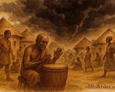 illustration of a sacred drum warning villagers as danger approaches, Benin folktale scene.