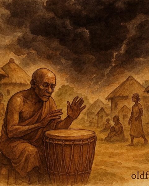 illustration of a sacred drum warning villagers as danger approaches, Benin folktale scene.