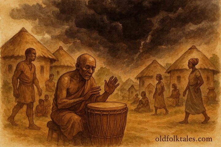 illustration of a sacred drum warning villagers as danger approaches, Benin folktale scene.