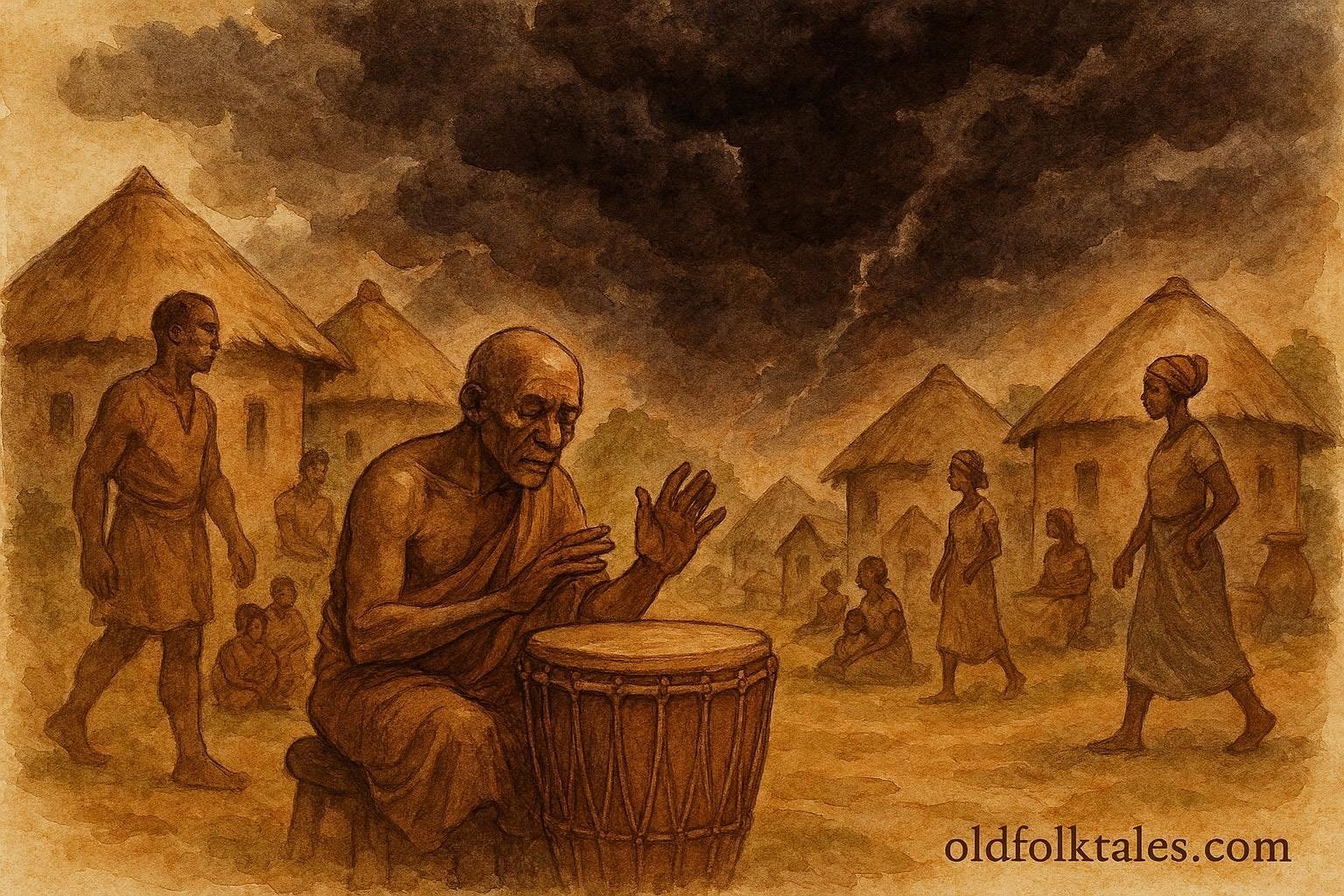 illustration of a sacred drum warning villagers as danger approaches, Benin folktale scene.